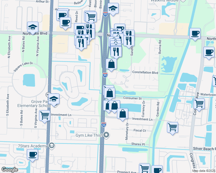 map of restaurants, bars, coffee shops, grocery stores, and more near 600 Sandtree Drive in Palm Beach Gardens