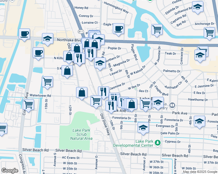 map of restaurants, bars, coffee shops, grocery stores, and more near 1015 10th Street in Lake Park