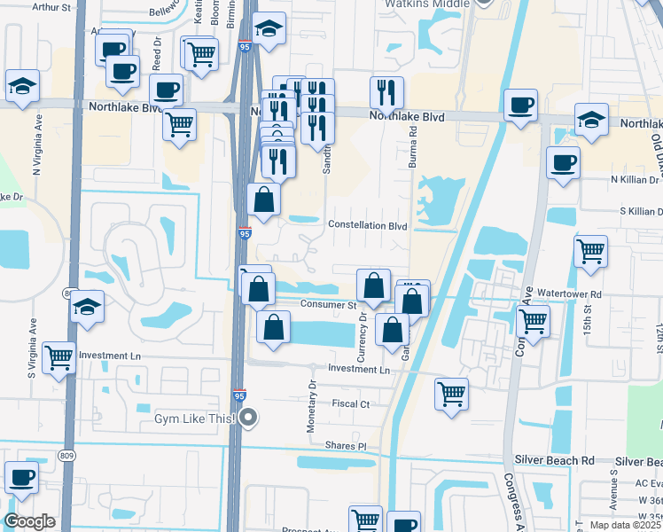 map of restaurants, bars, coffee shops, grocery stores, and more near 3 Betty Ann Court in Palm Beach Gardens