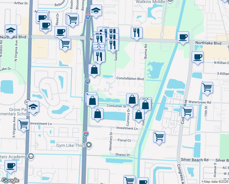map of restaurants, bars, coffee shops, grocery stores, and more near 3 Betty Ann Court in Palm Beach Gardens