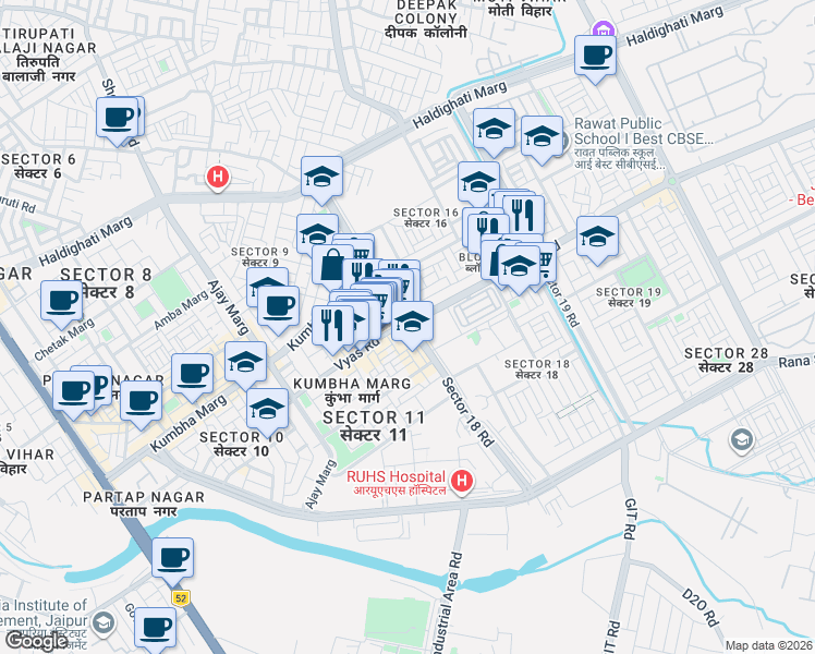 map of restaurants, bars, coffee shops, grocery stores, and more near in Jaipur