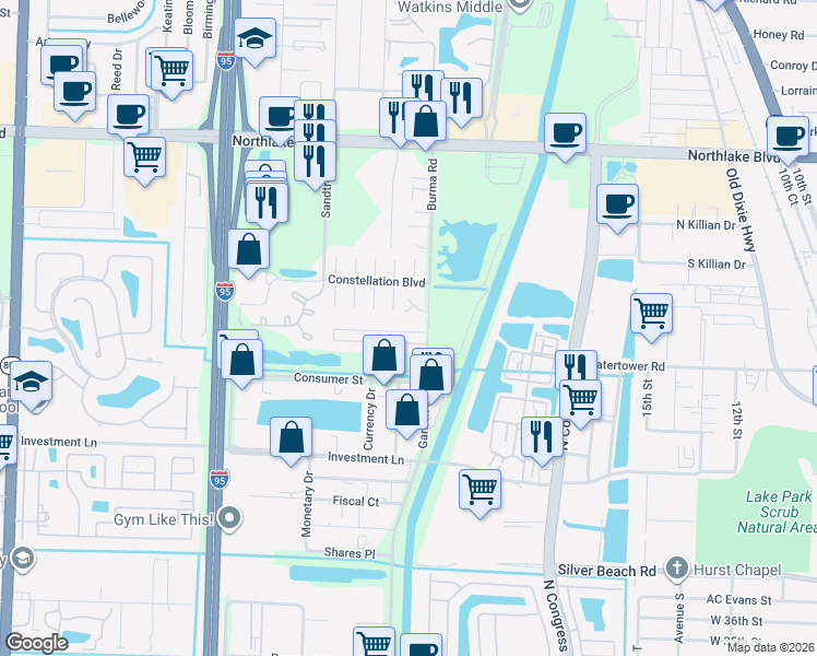 map of restaurants, bars, coffee shops, grocery stores, and more near 3545 William Street in West Palm Beach