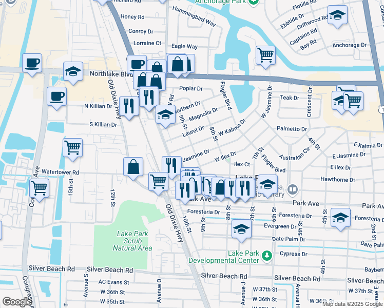 map of restaurants, bars, coffee shops, grocery stores, and more near 905 West Jasmine Drive in West Palm Beach