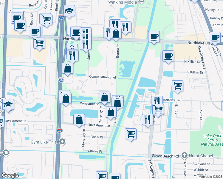 map of restaurants, bars, coffee shops, grocery stores, and more near 3545 William Street in West Palm Beach