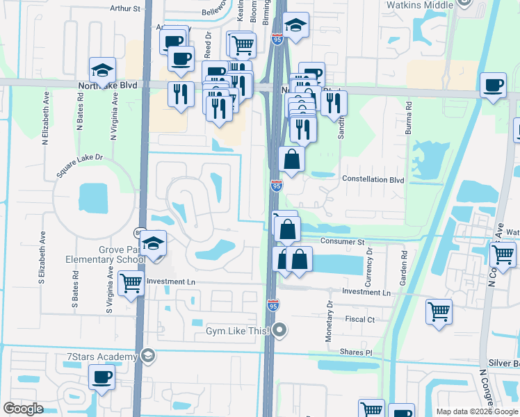 map of restaurants, bars, coffee shops, grocery stores, and more near 8344 Sunset Drive in Palm Beach Gardens