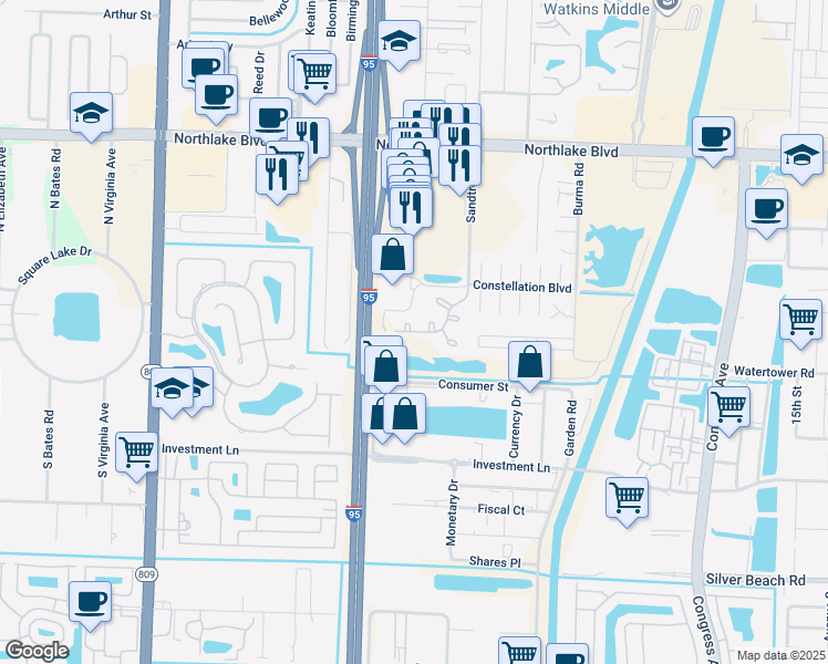 map of restaurants, bars, coffee shops, grocery stores, and more near 800 Sandtree Drive in Palm Beach Gardens