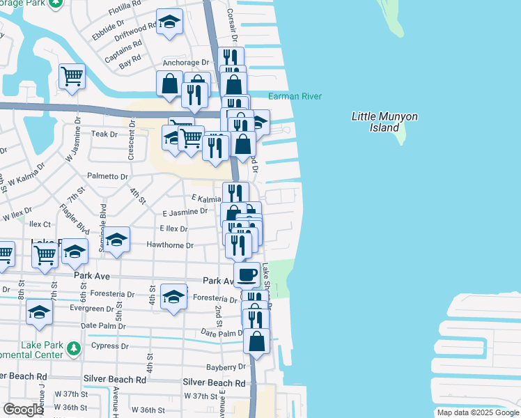 map of restaurants, bars, coffee shops, grocery stores, and more near 1105 Lake Shore Drive in Lake Park