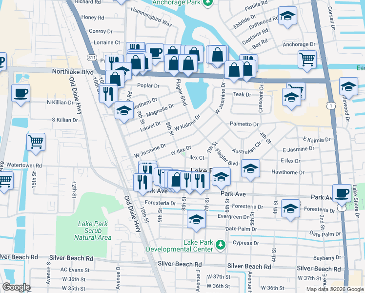 map of restaurants, bars, coffee shops, grocery stores, and more near 755 West Ilex Drive in West Palm Beach