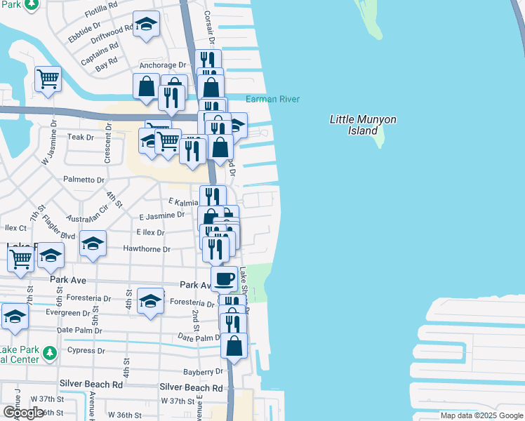 map of restaurants, bars, coffee shops, grocery stores, and more near 1060 Lake Shore Drive in West Palm Beach