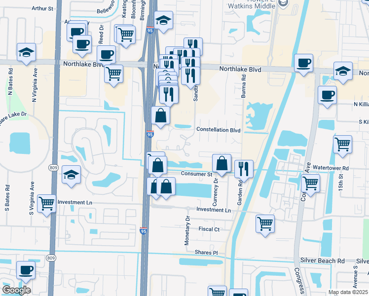 map of restaurants, bars, coffee shops, grocery stores, and more near in Palm Beach Gardens
