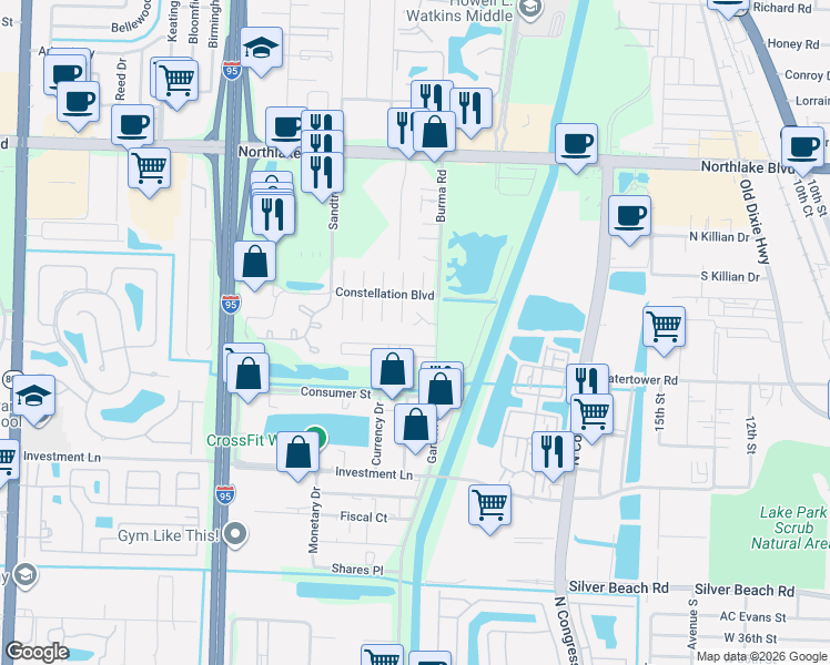 map of restaurants, bars, coffee shops, grocery stores, and more near 3545 William Street in West Palm Beach