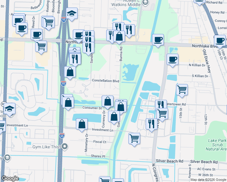 map of restaurants, bars, coffee shops, grocery stores, and more near 3545 William Street in West Palm Beach