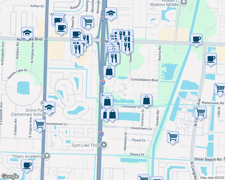 map of restaurants, bars, coffee shops, grocery stores, and more near 600 Sandtree Drive in Palm Beach Gardens