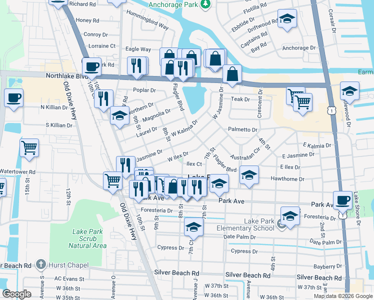 map of restaurants, bars, coffee shops, grocery stores, and more near 737 West Ilex Drive in West Palm Beach