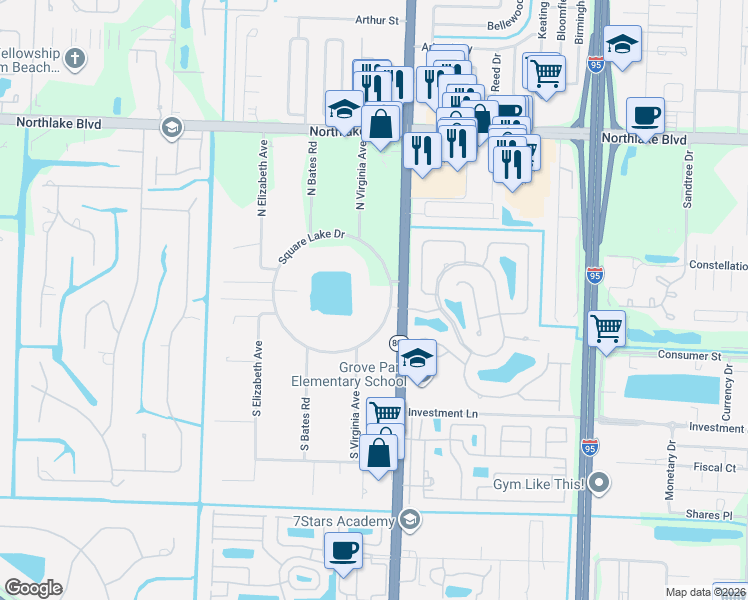 map of restaurants, bars, coffee shops, grocery stores, and more near 4579 Square Lake Drive in Palm Beach Gardens
