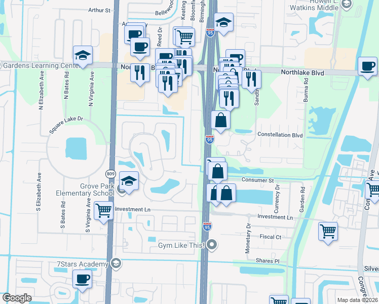 map of restaurants, bars, coffee shops, grocery stores, and more near 8577 Sunset Drive in Palm Beach Gardens