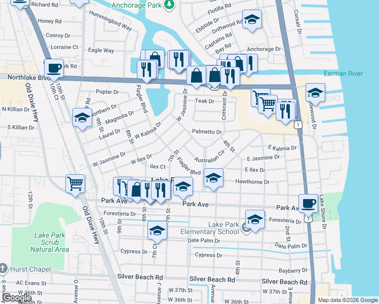 map of restaurants, bars, coffee shops, grocery stores, and more near 611 Australian Circle in West Palm Beach