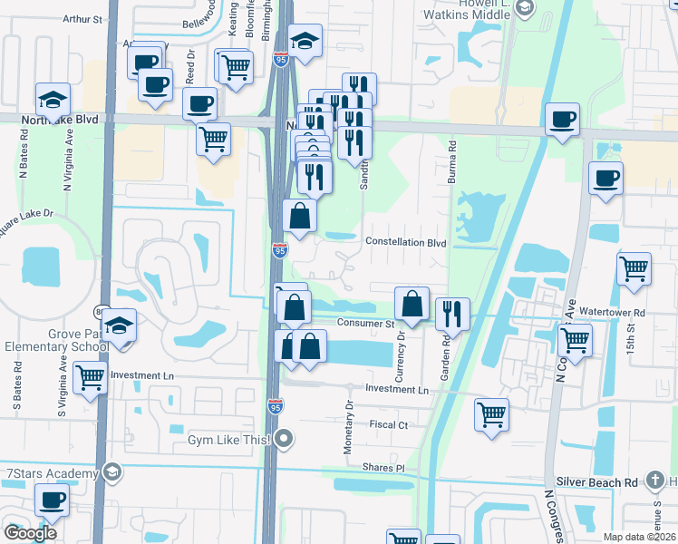 map of restaurants, bars, coffee shops, grocery stores, and more near in Palm Beach Gardens