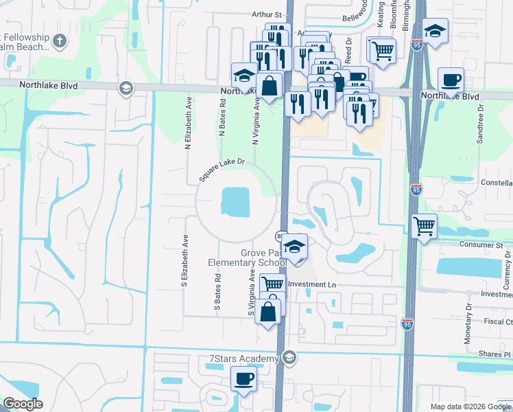 map of restaurants, bars, coffee shops, grocery stores, and more near 4529 Square Lake Drive in Palm Beach Gardens