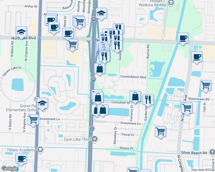 map of restaurants, bars, coffee shops, grocery stores, and more near in Palm Beach Gardens
