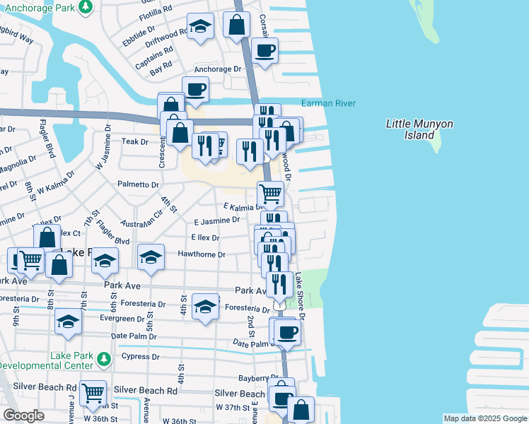 map of restaurants, bars, coffee shops, grocery stores, and more near 1018 U.S. 1 in Lake Park