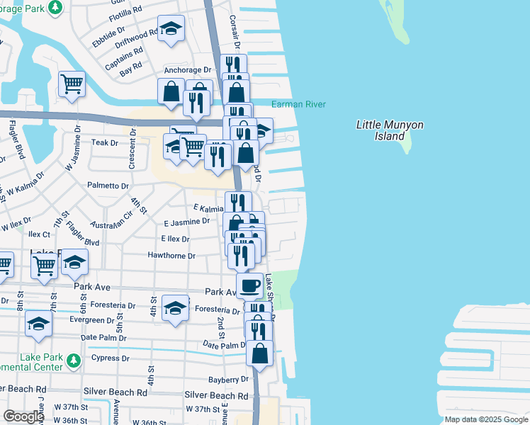 map of restaurants, bars, coffee shops, grocery stores, and more near 1145 Lake Shore Drive in Lake Park