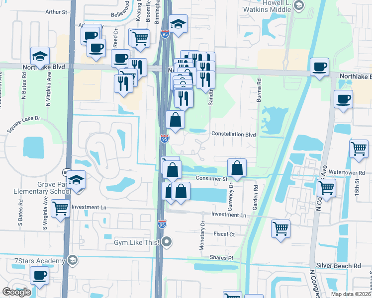 map of restaurants, bars, coffee shops, grocery stores, and more near 600 Sandtree Drive in Palm Beach Gardens