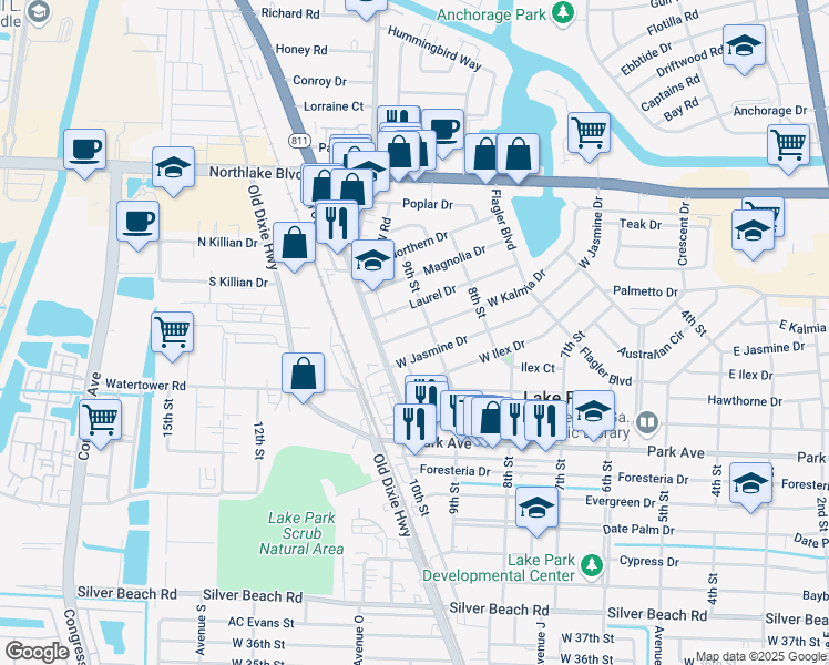 map of restaurants, bars, coffee shops, grocery stores, and more near 905 West Jasmine Drive in West Palm Beach