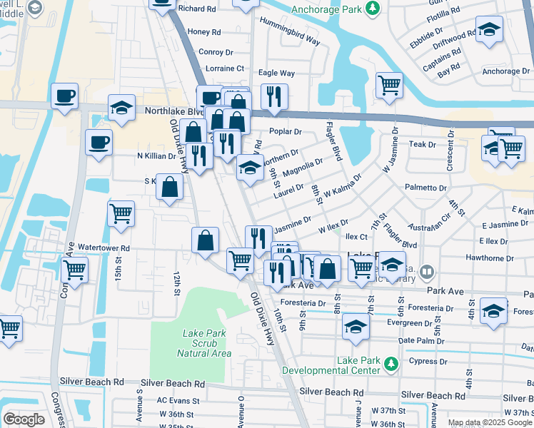 map of restaurants, bars, coffee shops, grocery stores, and more near 1015 10th Street in Lake Park