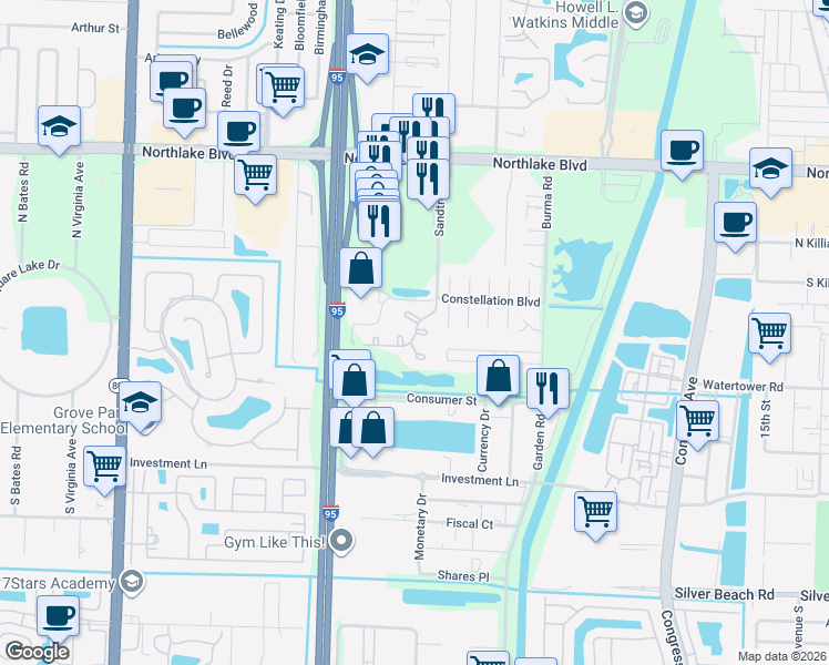 map of restaurants, bars, coffee shops, grocery stores, and more near in Palm Beach Gardens
