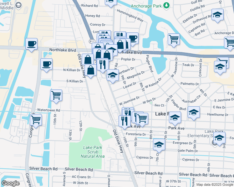 map of restaurants, bars, coffee shops, grocery stores, and more near 927 Laurel Drive in West Palm Beach