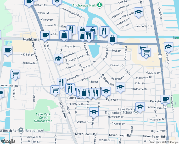 map of restaurants, bars, coffee shops, grocery stores, and more near 722 West Kalmia Drive in West Palm Beach