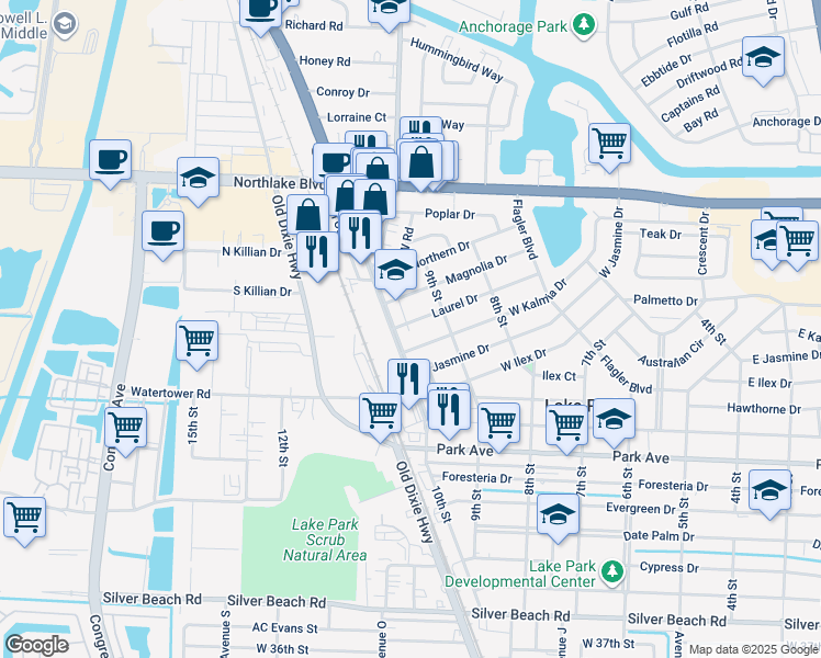 map of restaurants, bars, coffee shops, grocery stores, and more near 927 Laurel Drive in West Palm Beach