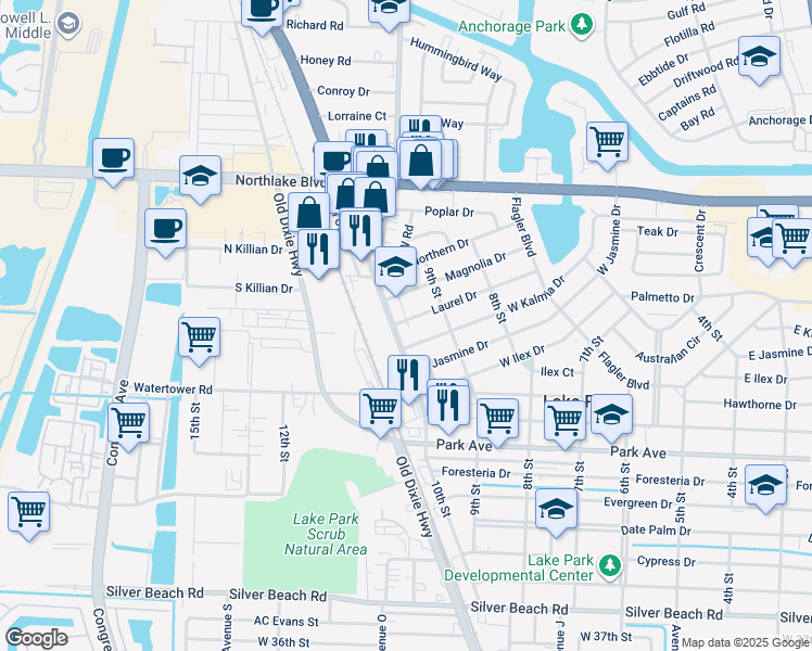 map of restaurants, bars, coffee shops, grocery stores, and more near 927 Laurel Drive in West Palm Beach