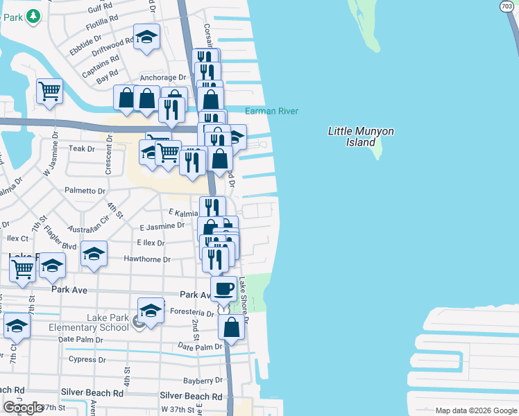 map of restaurants, bars, coffee shops, grocery stores, and more near 1135 Lake Shore Drive in Lake Park