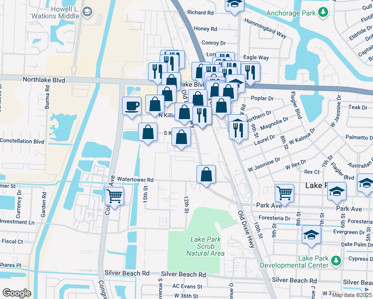 map of restaurants, bars, coffee shops, grocery stores, and more near 6 Gateway Road in Lake Park
