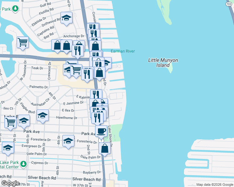 map of restaurants, bars, coffee shops, grocery stores, and more near 1135 Lake Shore Drive in Lake Park