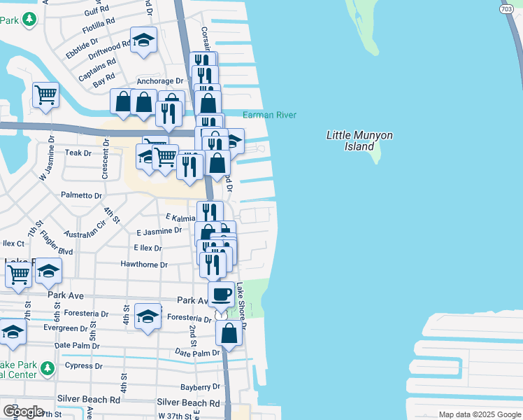 map of restaurants, bars, coffee shops, grocery stores, and more near 1135 Lake Shore Drive in Lake Park
