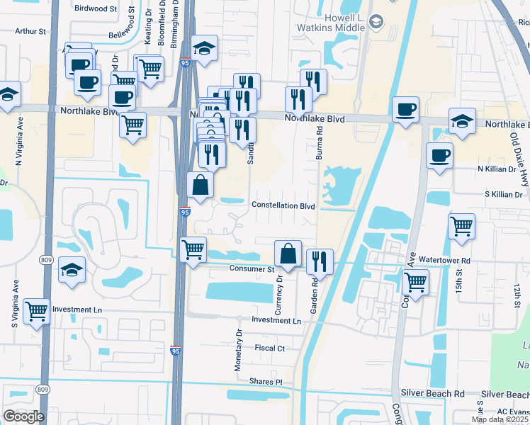 map of restaurants, bars, coffee shops, grocery stores, and more near 8647 Pluto Terrace in West Palm Beach