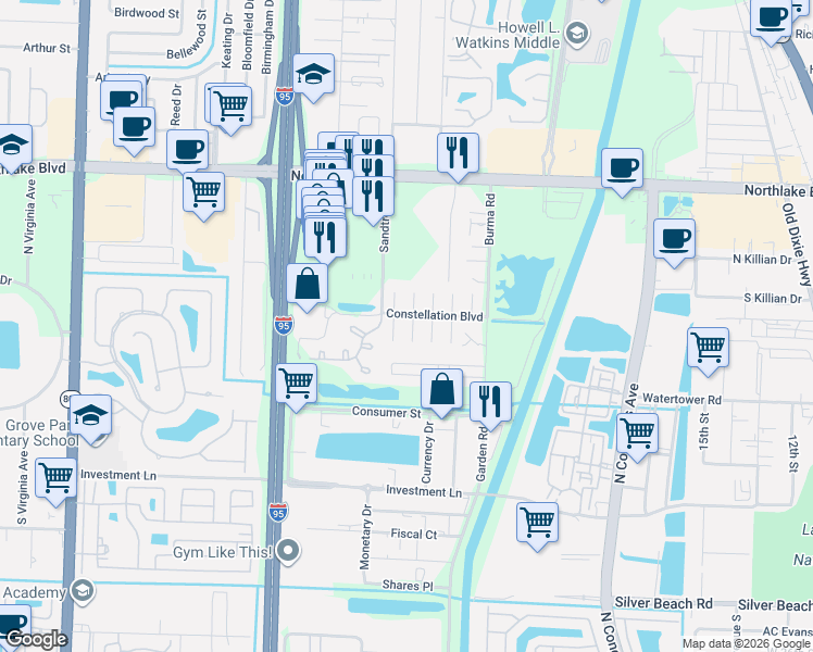 map of restaurants, bars, coffee shops, grocery stores, and more near 8647 Pluto Terrace in West Palm Beach