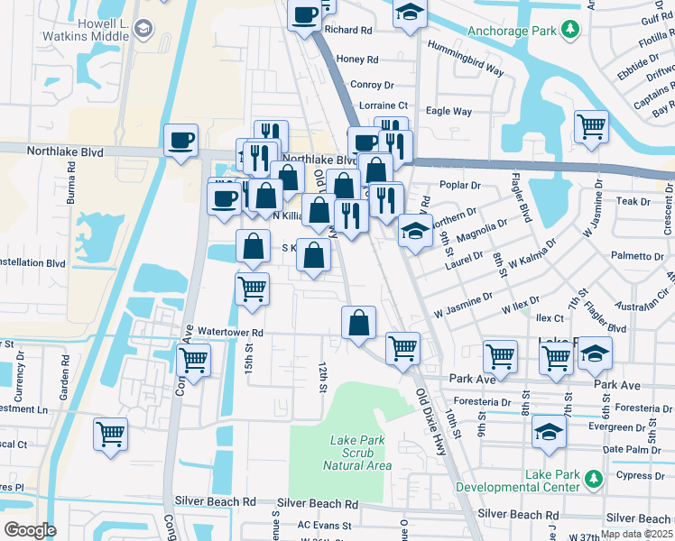 map of restaurants, bars, coffee shops, grocery stores, and more near 6 Gateway Road in Lake Park