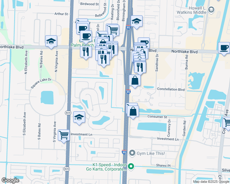 map of restaurants, bars, coffee shops, grocery stores, and more near 8503 Sunset Drive in Palm Beach Gardens