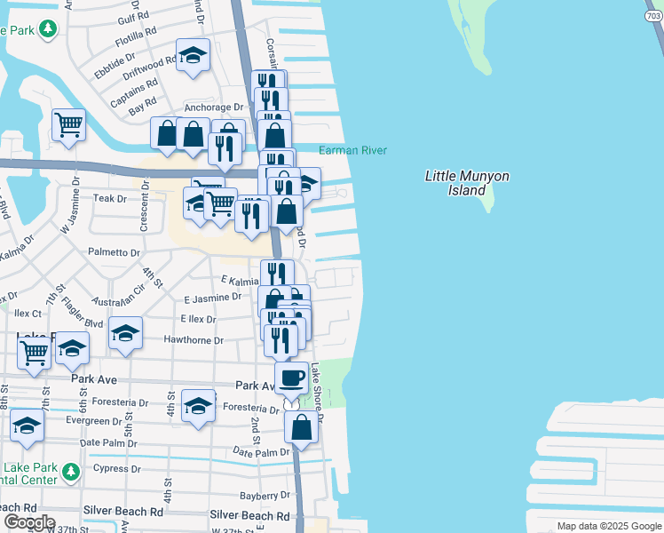 map of restaurants, bars, coffee shops, grocery stores, and more near 1125 Lake Shore Drive in Lake Park