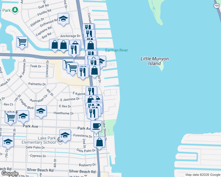 map of restaurants, bars, coffee shops, grocery stores, and more near 1135 Lake Shore Drive in Lake Park