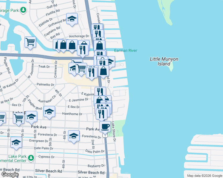 map of restaurants, bars, coffee shops, grocery stores, and more near 128 Lehane Terrace in North Palm Beach