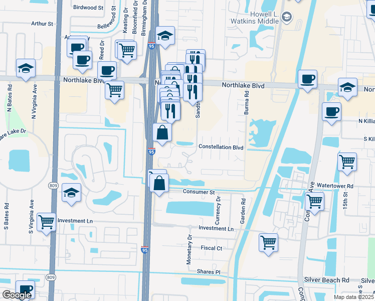 map of restaurants, bars, coffee shops, grocery stores, and more near 306 Sandtree Drive in Palm Beach Gardens