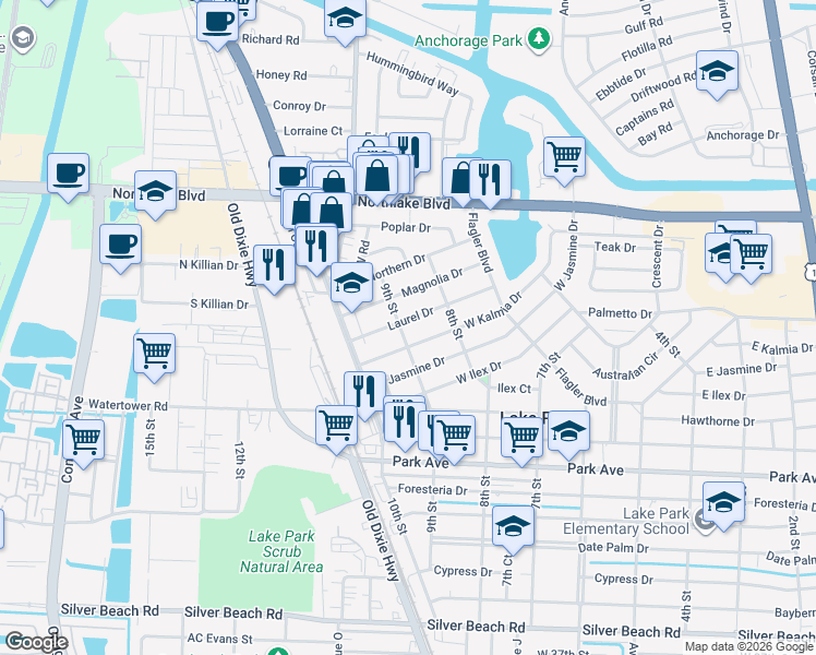 map of restaurants, bars, coffee shops, grocery stores, and more near 860 Laurel Drive in West Palm Beach
