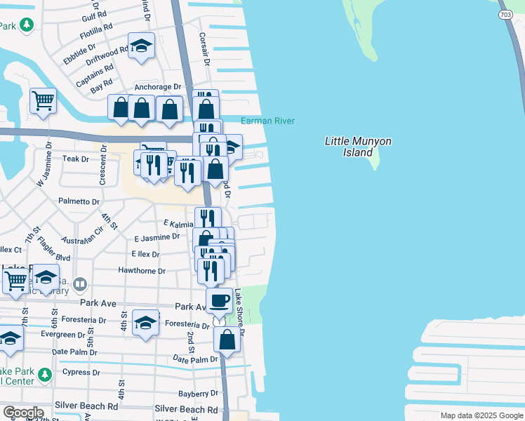 map of restaurants, bars, coffee shops, grocery stores, and more near 1135 Lake Shore Drive in Lake Park