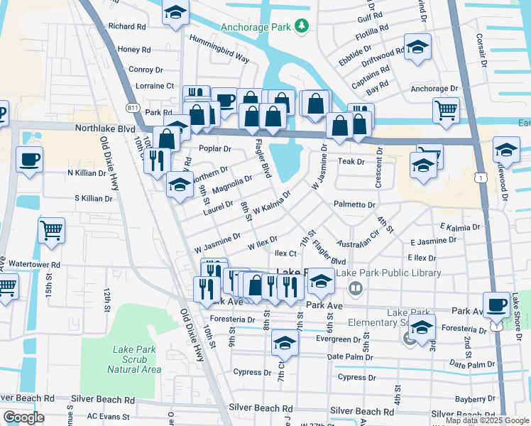 map of restaurants, bars, coffee shops, grocery stores, and more near 722 West Kalmia Drive in West Palm Beach