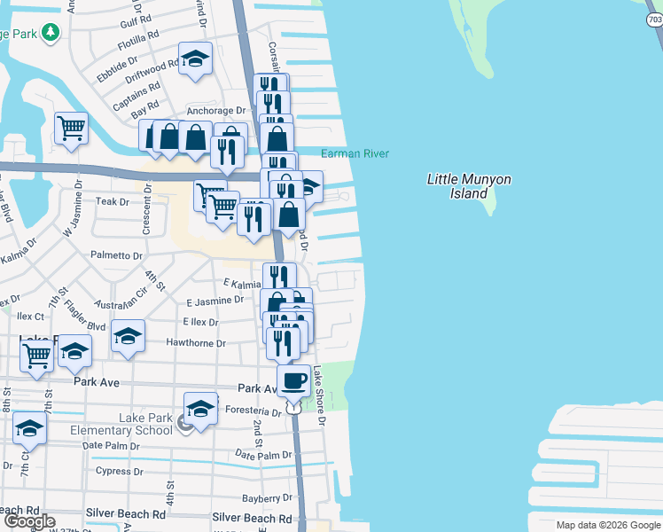 map of restaurants, bars, coffee shops, grocery stores, and more near 128 Lehane Terrace in North Palm Beach